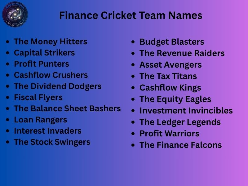 Finance Cricket Team Names